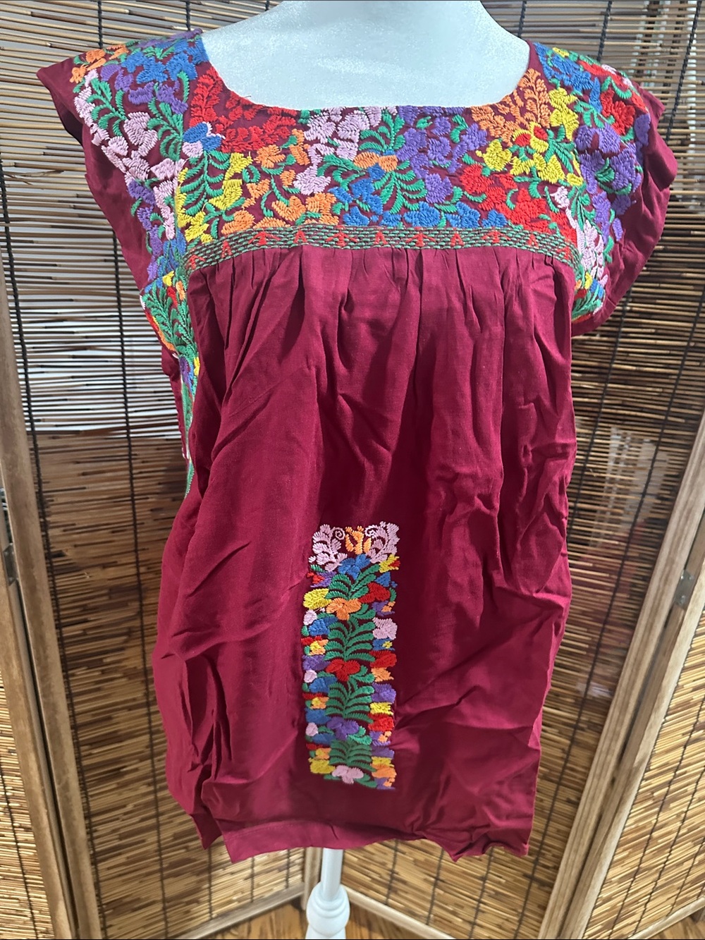 Hand-Embroidered Maroon Floral Tunic Top, lined